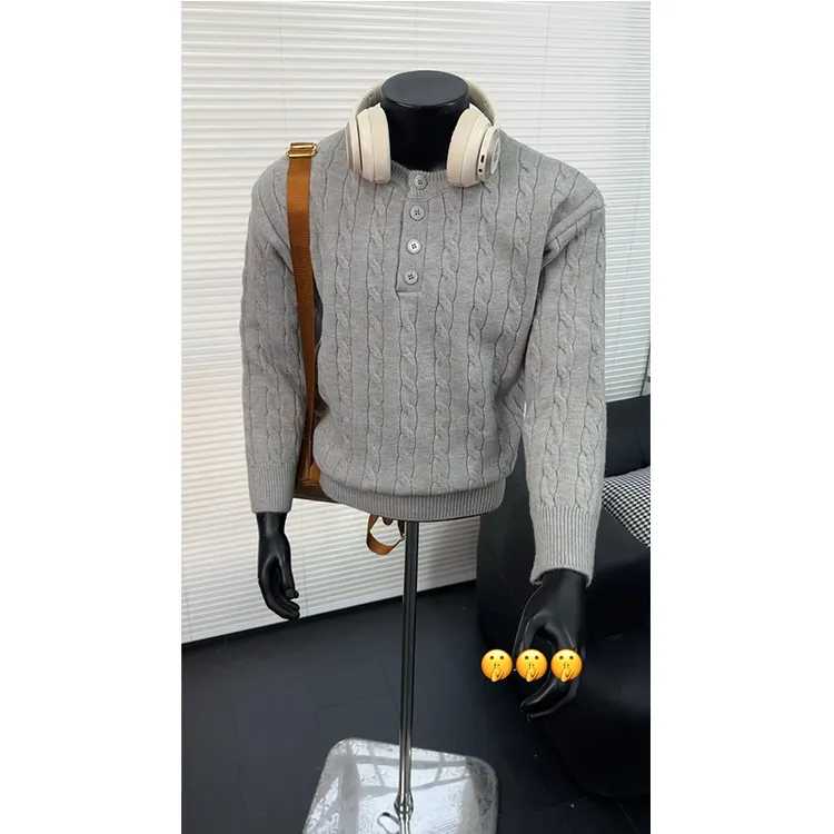 美式cleanfit套头毛衣外套男秋冬季重工编织麻花亨利领穿搭针织衫