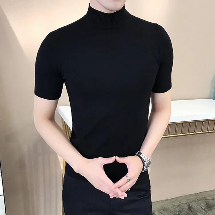 男士毛衣半高领春秋新款短袖针织衫男紧身中领纯色卫生衣修身打底