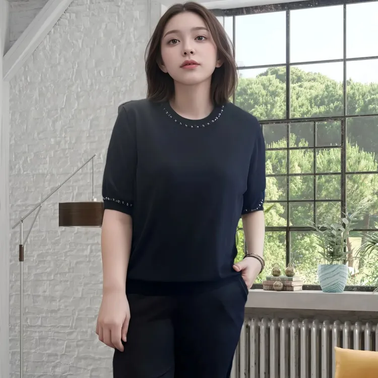 韩衣奇迹大码女士莱赛尔钉珠舒适透气百搭夏季圆领短袖针织衫
