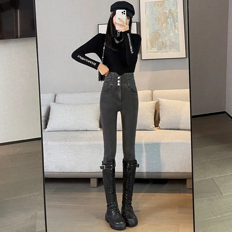 韩版时尚高腰紧身小脚牛仔裤女春秋季新款宽松显瘦显高修身铅笔裤