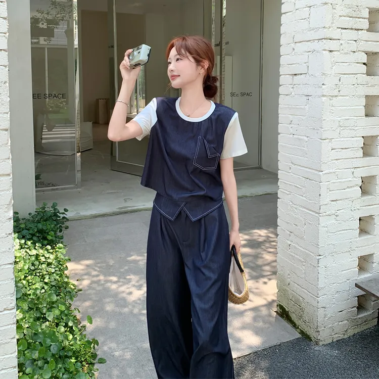 复古慵懒风假两件上衣阔腿裤2025夏季新款休闲韩系松弛感穿搭套装