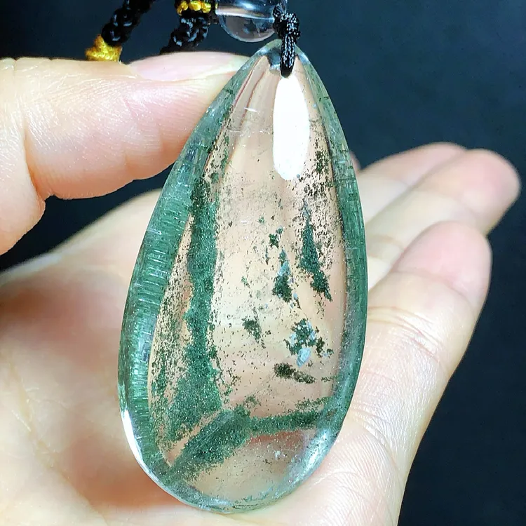 东海水晶天然绿幽灵水晶吊坠毛衣链平安通透水滴项坠男女款聚宝盆