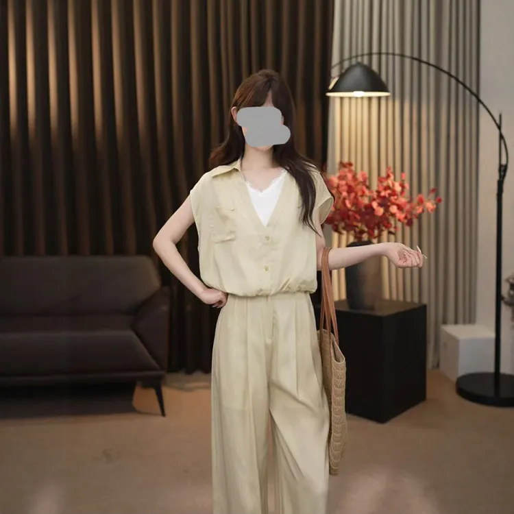 韩版气质盐系穿搭休闲工装衬衣套装女夏季2025新款阔腿裤两件套潮