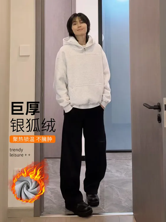 灰色运动裤男生潮牌弯刀裤休闲长裤美式高街复古百搭宽松直筒卫裤