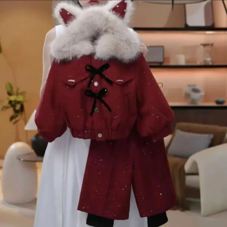 女童韩版加绒加厚毛呢套装2026新款冬季儿童拜年服保暖洋气两件套