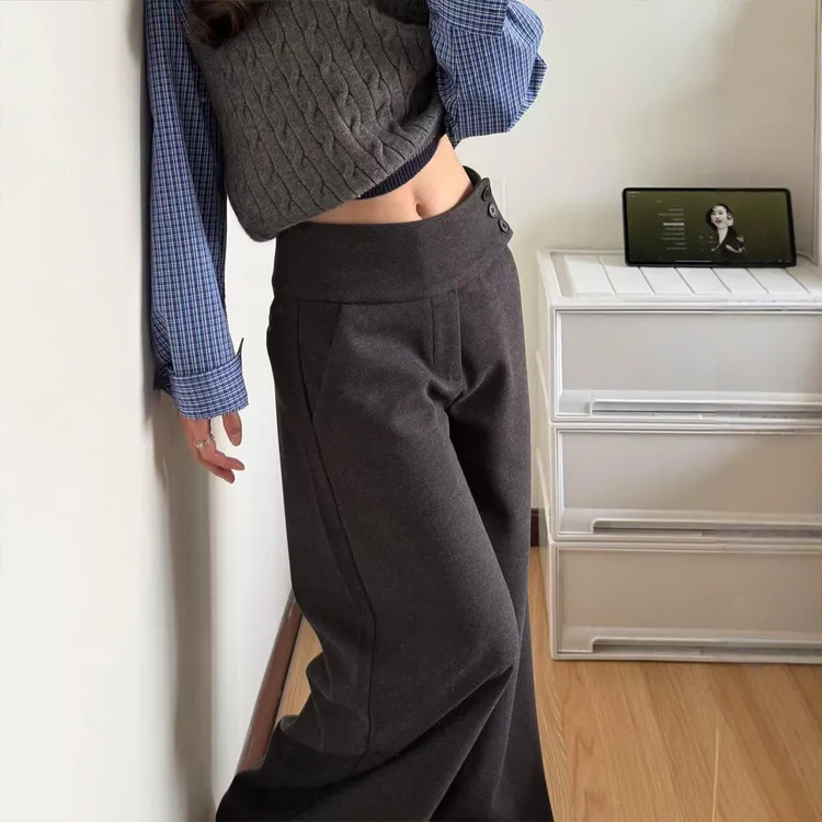 灰色高腰加绒毛呢阔腿裤女冬季大码胖mm宽松显瘦设计感休闲直筒裤