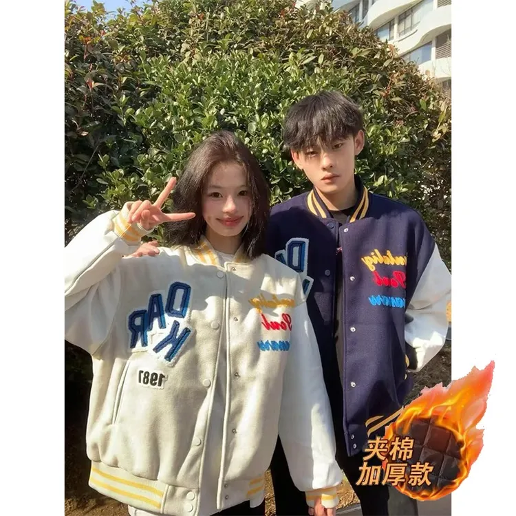 网红新款PU皮袖刺绣棒球服男款高街夹克外套oversize宽松情侣装