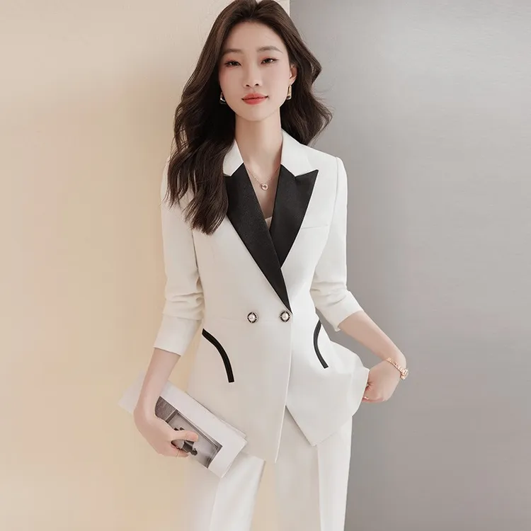 白色西装外套女2025秋冬新款高级感撞色气质女神范主持人职业套装