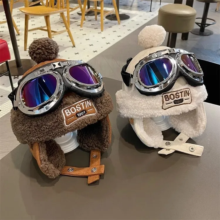 新款儿童帽子冬季哈雷眼镜加绒保暖防风护耳防寒加厚男女童雷峰帽