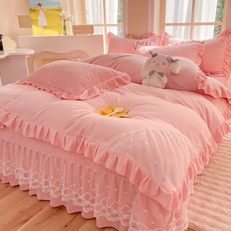 冬季加厚牛奶绒床盖款四件套韩版夹棉床裙双面绒被套单床盖可机洗