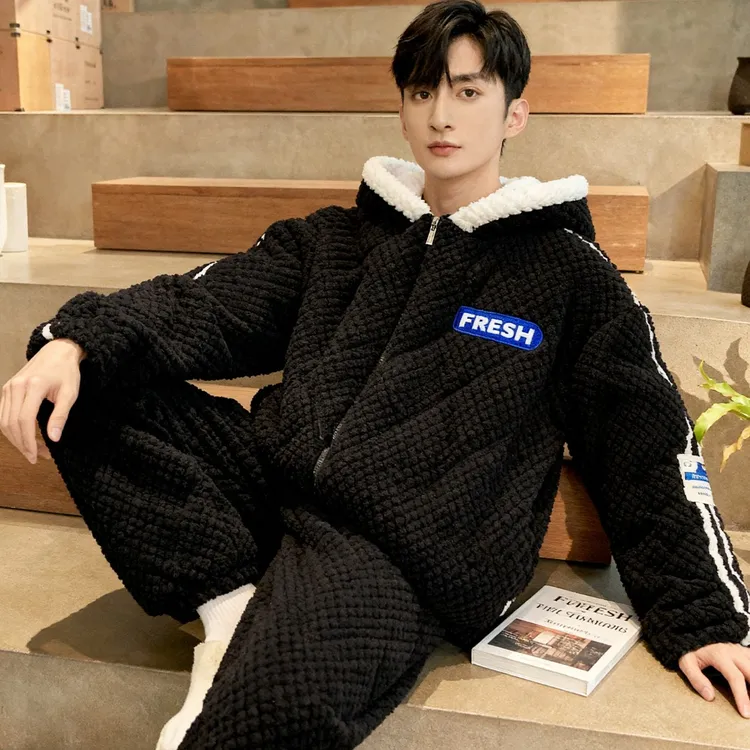 三层夹棉睡衣男秋冬季加绒加厚保暖冬天青少年学生连帽家居服套装