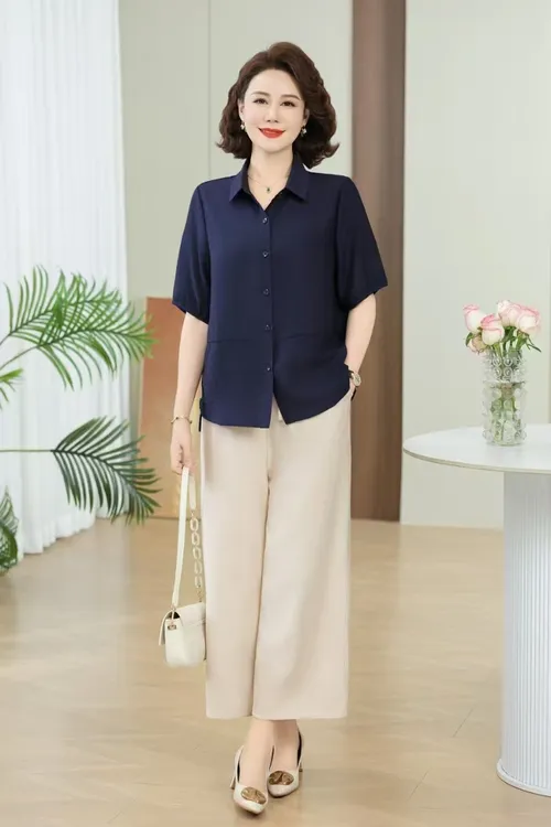 2025夏季新款衬衣  遮肉显瘦经典百搭不过时透风透气妈妈装带钻