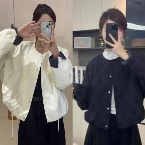 韩系设计感圆领菱格棉服短外套女2025秋季时尚休闲显瘦夹克上衣潮