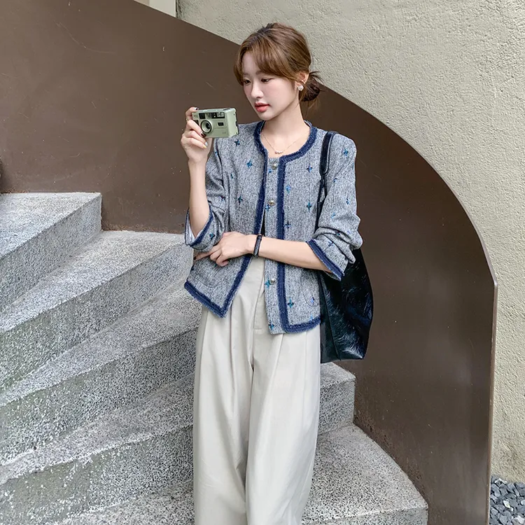 蓝色小香风薄外套女初秋气质名媛高级感轻熟风独特漂亮miu系上衣