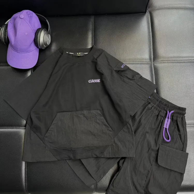 吾2025【Y】5月11日 儿童时尚潮酷黑色口袋短袖套装5283-