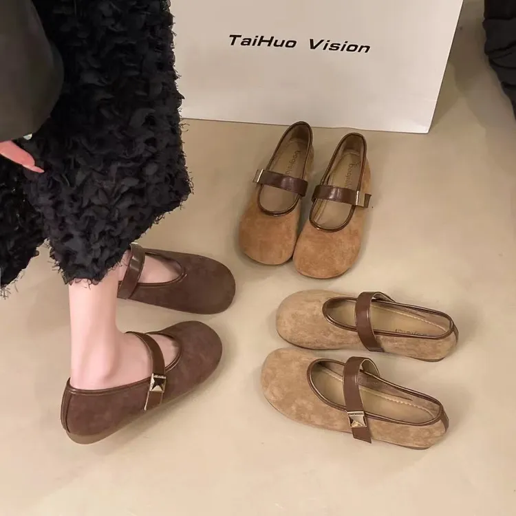 复古绒面玛丽珍鞋女浅口一字带平底单鞋百搭舒适软底春季法式韩版