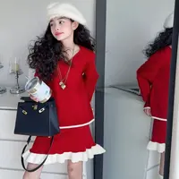 【Maila童装】女童新年战袍红色毛衣套装洋气秋冬针织半身裙两件套