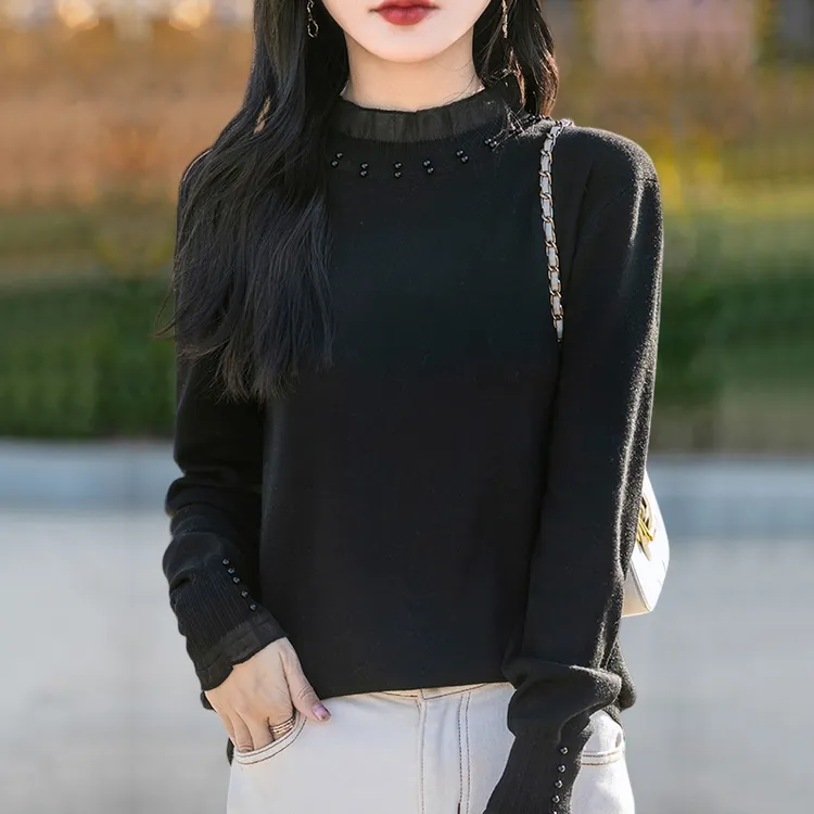 胖mm春秋大码女士毛衣2025新款遮肚巨显瘦上衣内搭蕾丝针织打底衫