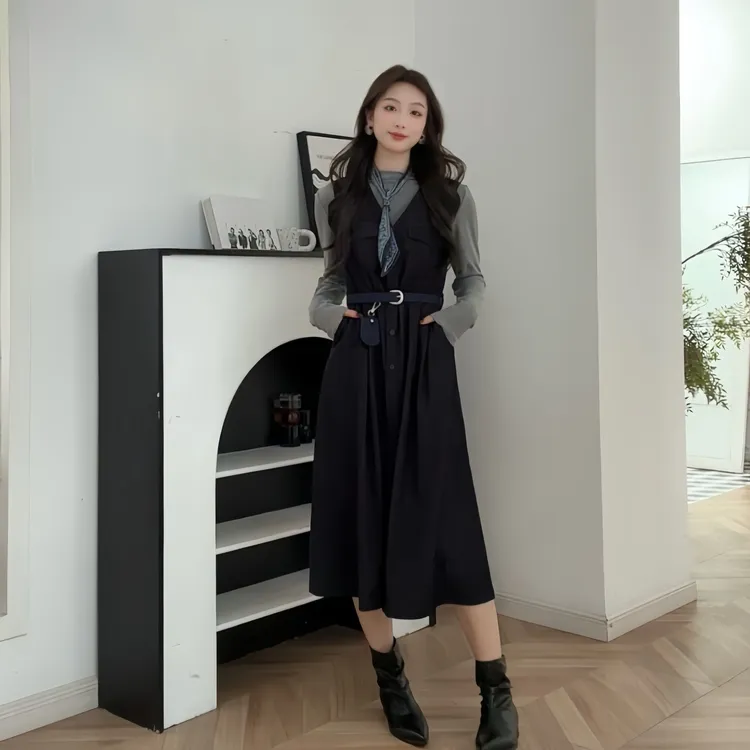爱依服秋冬新款法式时尚套装显瘦长款连衣裙衬衫女装长裙裙子时尚