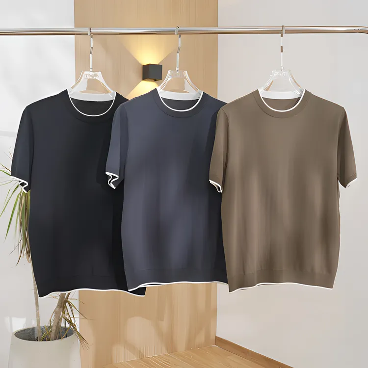 K1夏季新款【桑蚕丝】【亚麻】薄款亲肤清凉透气老钱风针织短袖男t恤