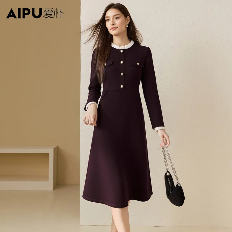 爱朴大码女装2025年新款时尚高端休闲法式圆领气质连衣裙23435