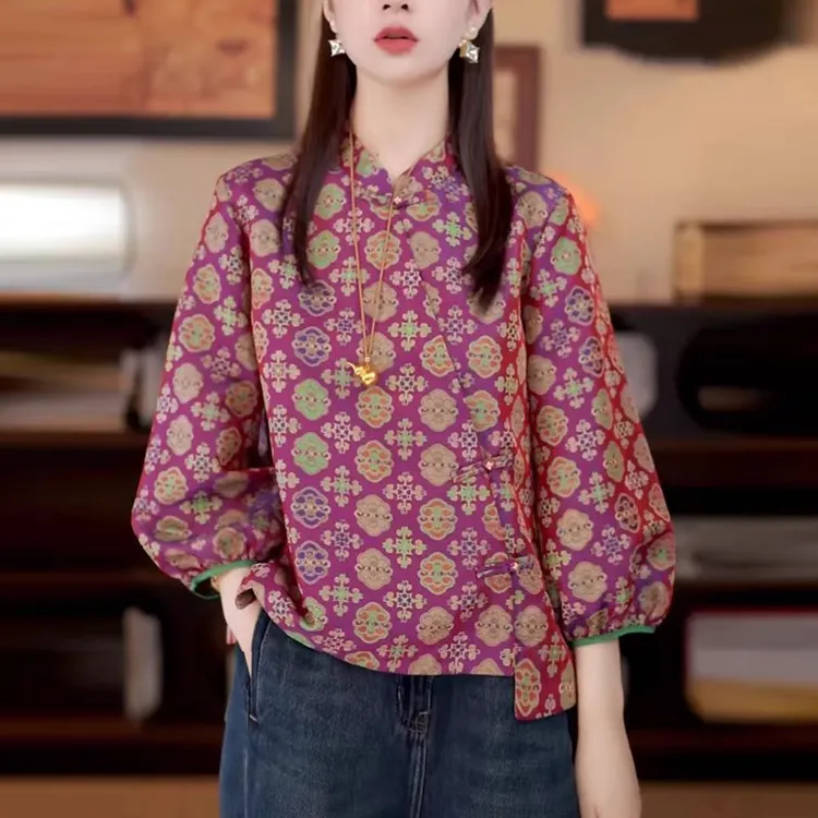 新中式宋锦唐装衬衫七分袖人丝提花衬衣女2025早秋款国风盘扣上衣