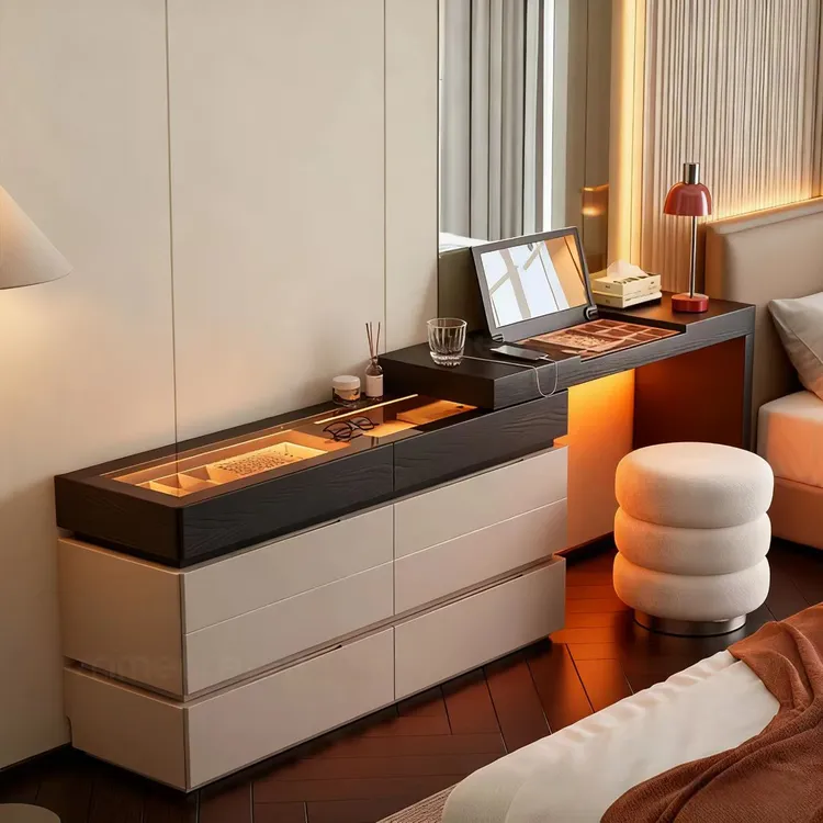 实木化妆桌梳妆台斗柜一体现代卧室简约转角轻奢高级感翻盖化妆台