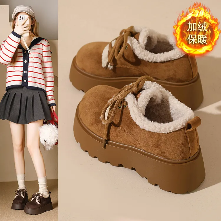 冬季圆头棉鞋女厚底磨砂皮系带高跟勃肯鞋2025冬季新款加绒保暖鞋