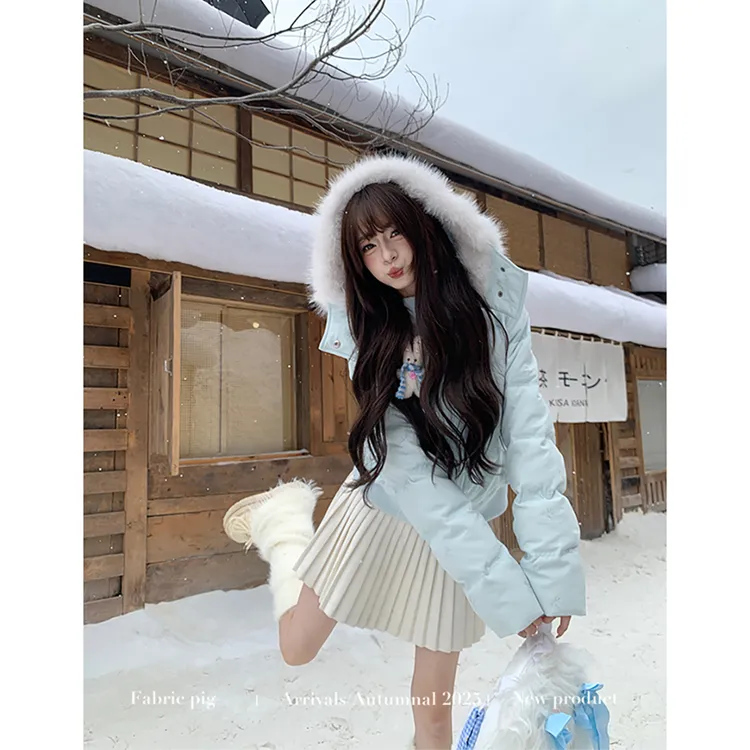 雪融甜心 织物猪原创 甜美风蓝色毛领羽绒服女冬季短款保暖外套