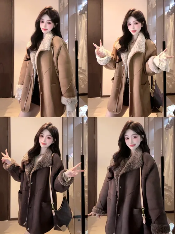 2025露思同款两面穿颗粒毛外套冬季方领直下摆女士网红宽松