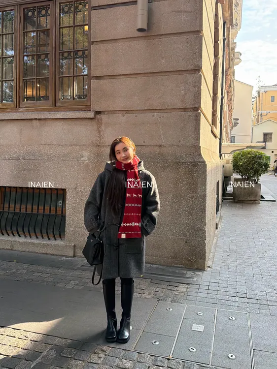 INAIEN“牛角包”羊毛+羊驼落肩宽松保暖减龄连帽中长款外套D8012 