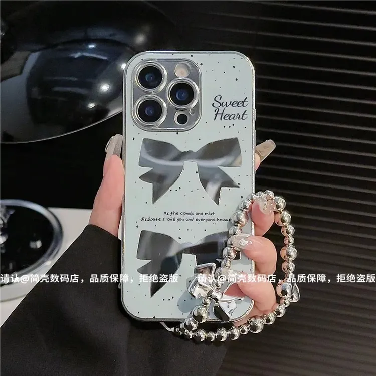 英文蝴蝶结电镀镜面手机壳适用苹果16华为新款oppo潮流小米15vivo