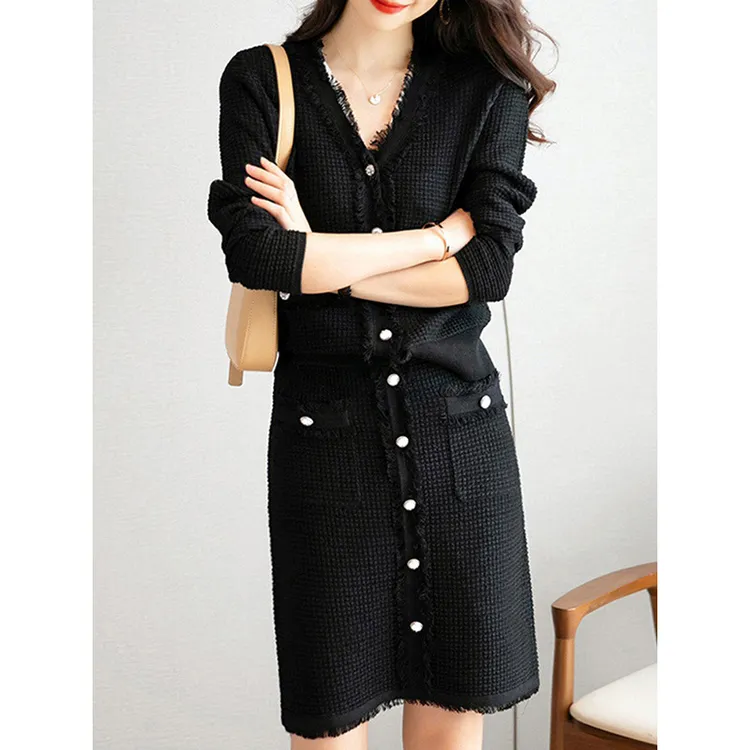 6819小香风流苏毛边V领针织套装裙秋季新款气质轻熟半身裙两件套
