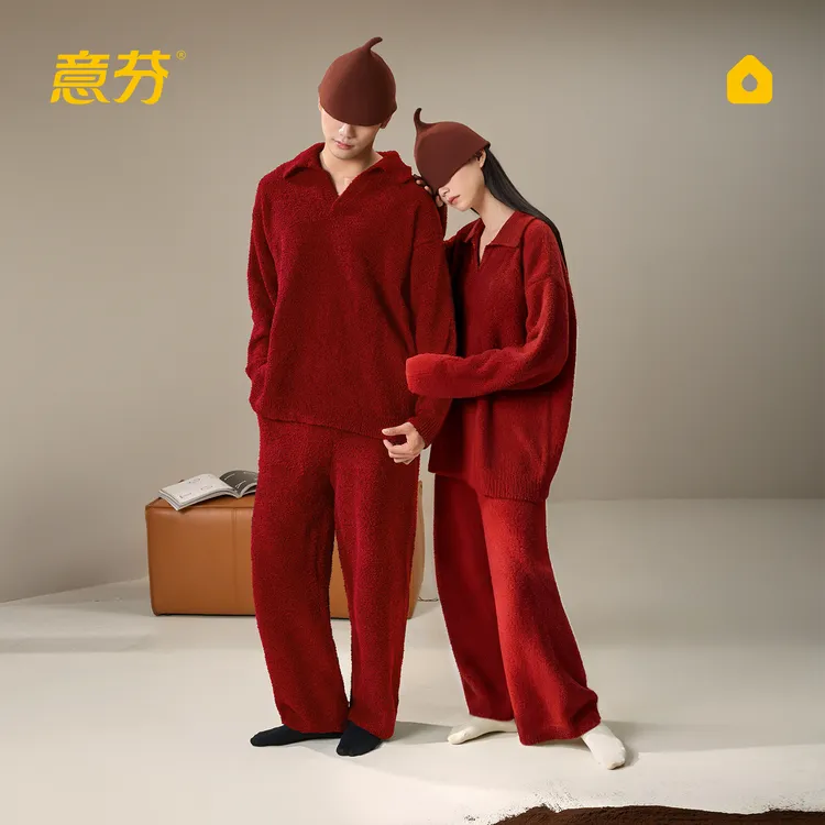 本命年马年情侣红色睡衣男加厚薄绒秋冬季半边绒家居服女结婚套装