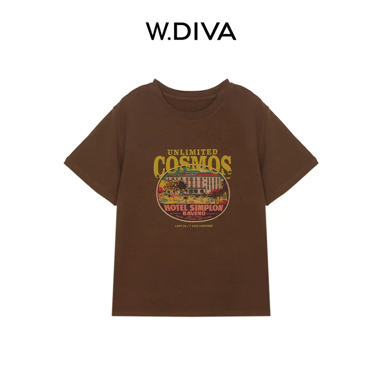 W.Diva【安妮】夏季印花T恤定制面料圆领短袖复古松弛感女2T255938A