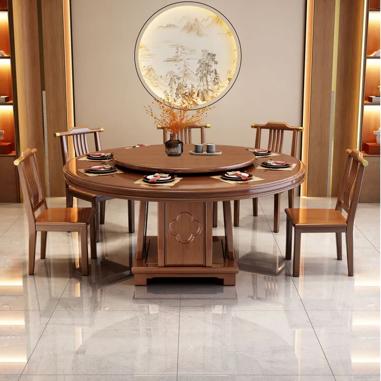 新中式实木餐桌圆形酒店饭店别墅家用火锅桌带转盘大圆桌10-18人