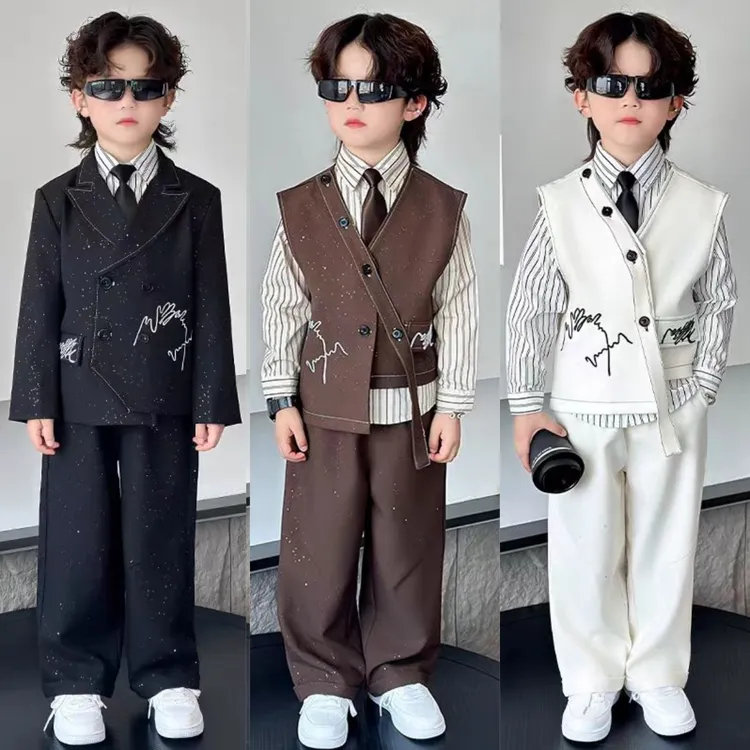儿童西服复古亮闪闪加绒西装套装男童时尚休闲走秀小礼服男孩冬装