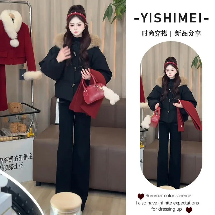 早春穿搭一整套2025年新款时尚百搭连帽短款棉服显瘦牛仔裤两件套