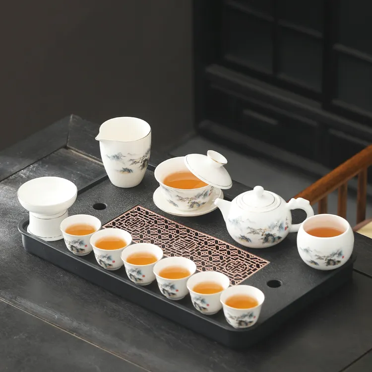 风生水起悬停盖碗白瓷功夫茶具套装高端全套办公室家用泡茶盘整套