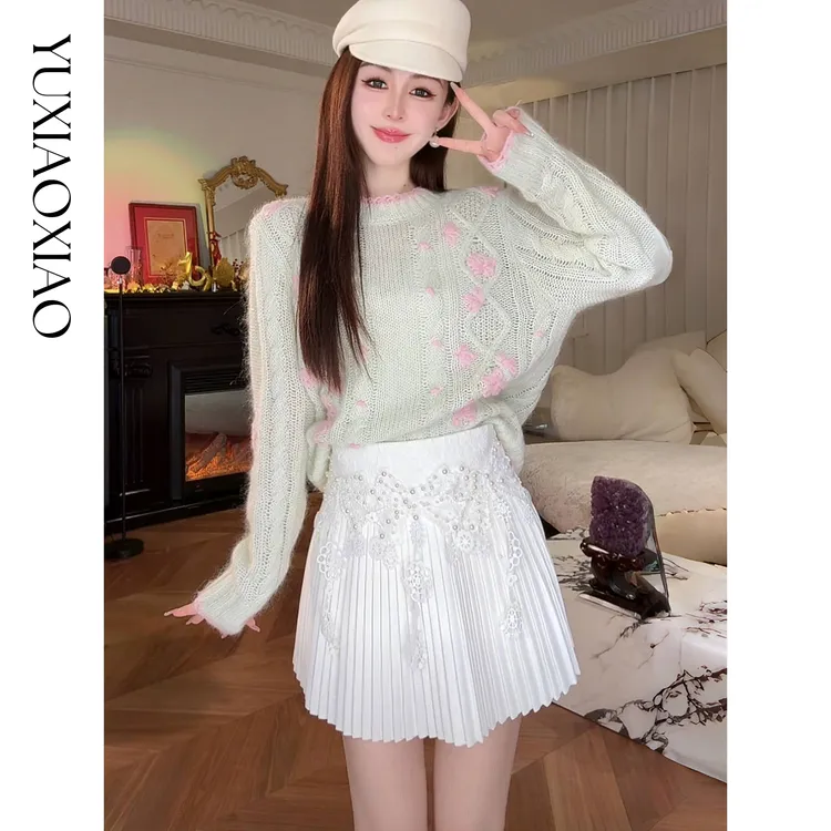 余潇潇【风琴乐章】时尚手工缝制蝴蝶结蕾丝重工珍珠A字百褶短半裙