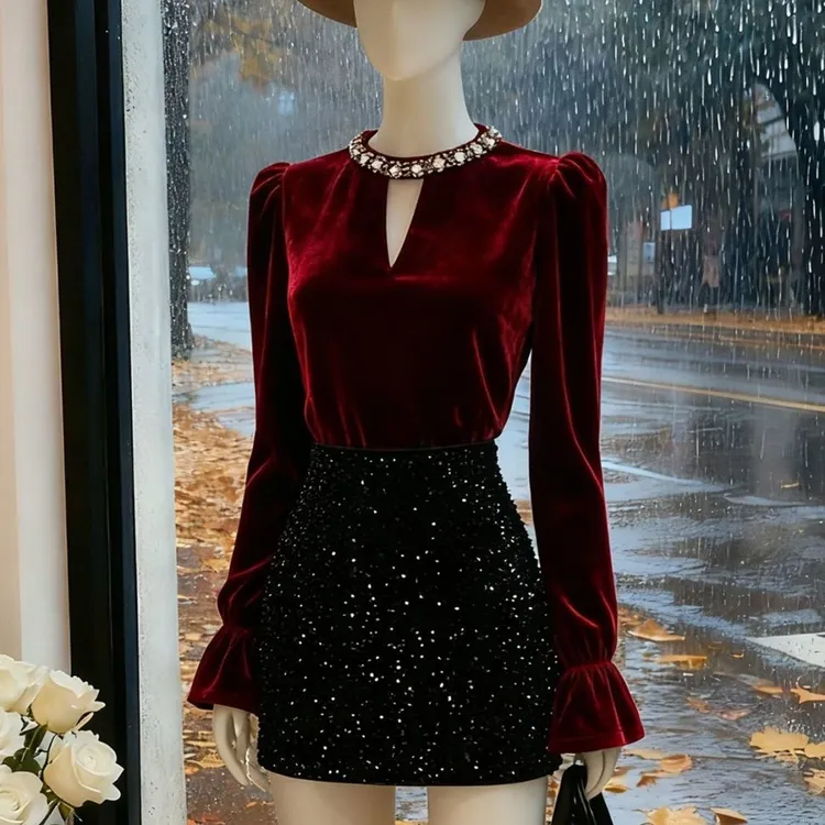 法式重工镶钻丝绒衬衫套装秋冬新款独特漂亮小衫亮片包臀裙两件套