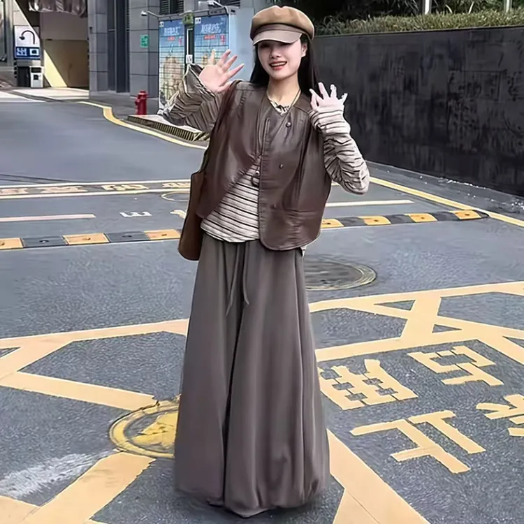 【陈鱼白】2025秋季新款大码女装复古风条纹长袖上衣马甲阔腿裤