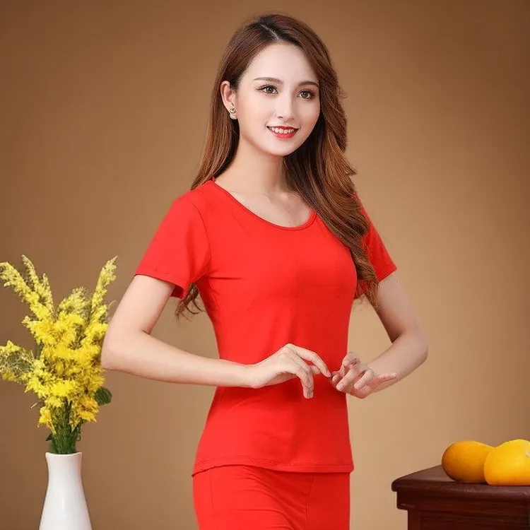 夏季女士广场舞上衣短袖莫代尔舞蹈服装练功健身服圆领T恤新款