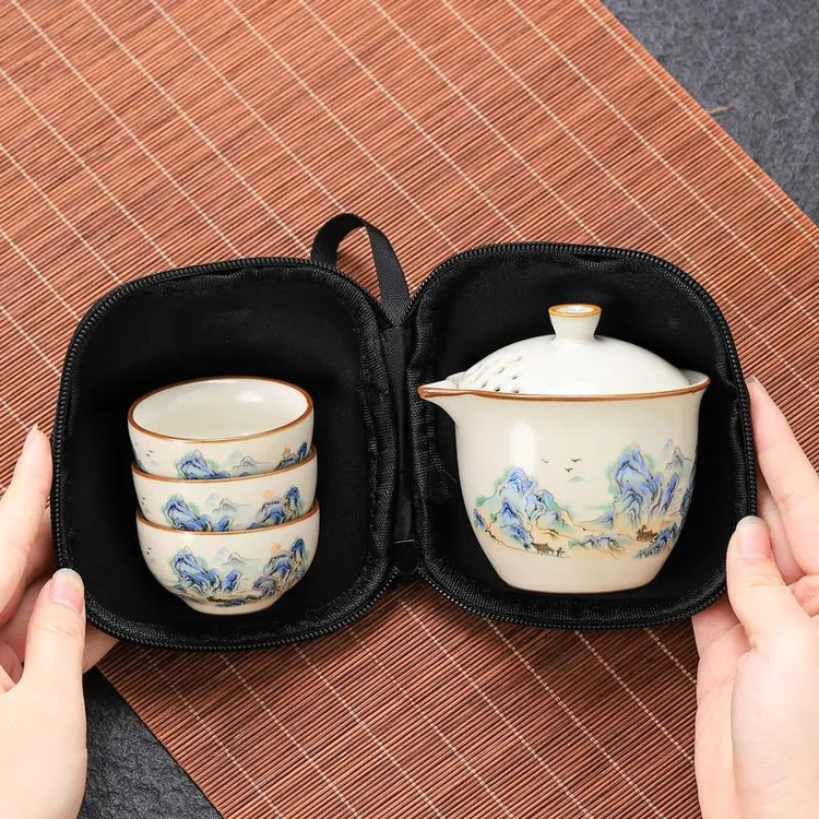 米黄汝窑远山快客杯一壶三杯陶瓷户外车载便携旅行功夫茶具小套装