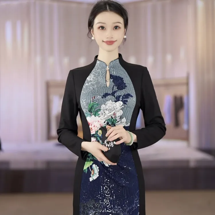 【秋水长天】SUSSI/古色25夏立领开水滴衩长袖前开衩旗袍裙