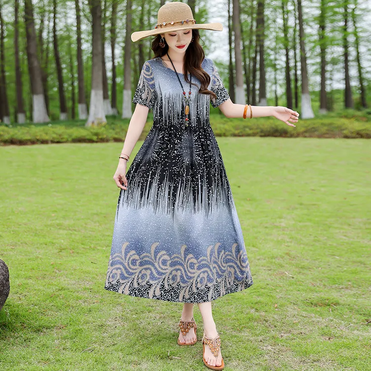 洋气大码挂脖式长裙连衣裙夏中长款短袖套头印花气质海边度假裙子