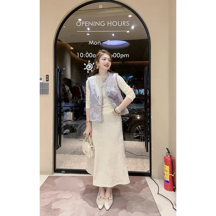 涵儿家 气质国风提花毛边马甲 VS 松紧腰加绒丝绒半裙-58030