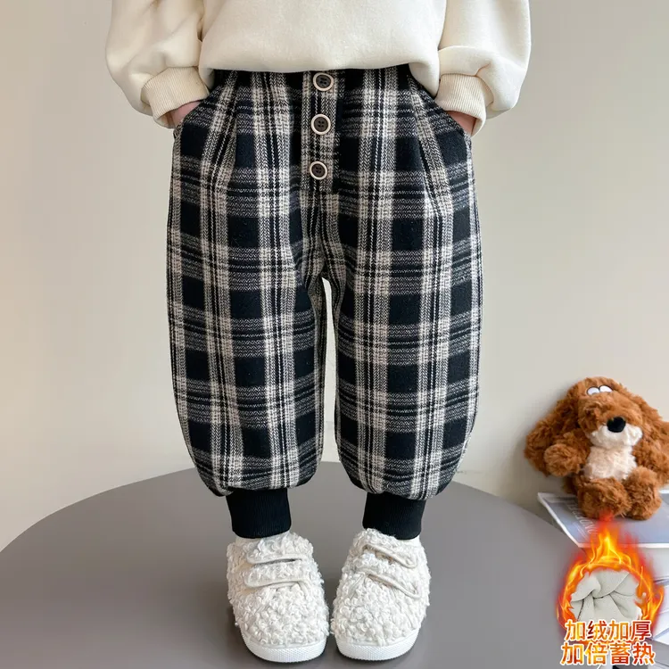 女童加绒格子裤洋气儿童秋冬装新款女宝宝加厚束脚休闲裤子小女孩