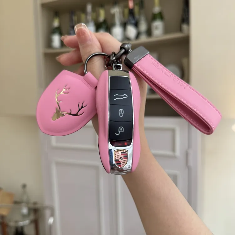 保时捷钥匙壳真皮芭比粉色Macan卡宴718帕拉梅拉911替换壳taycan