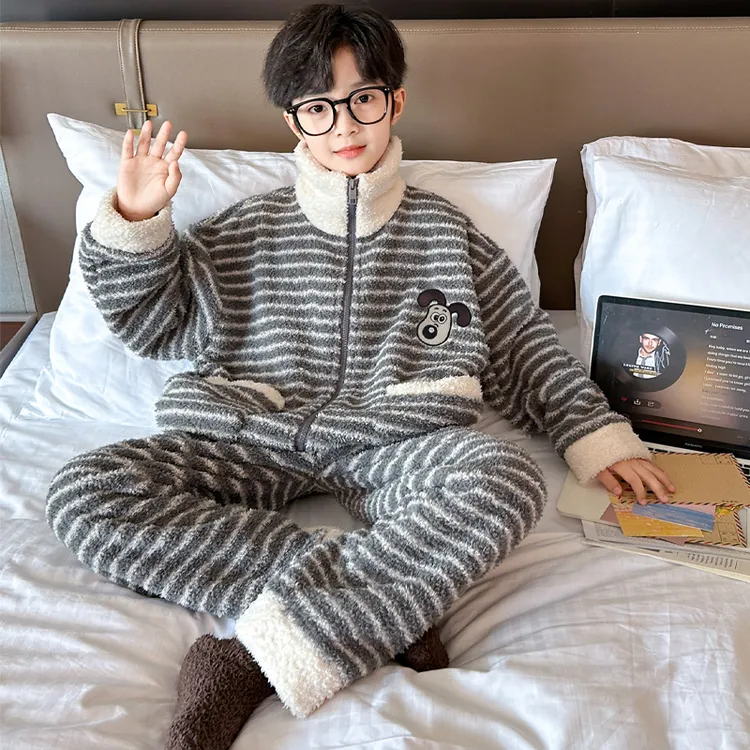 儿童装男童睡衣秋冬款加绒冬季加厚法兰绒中大童男孩家居服珊瑚绒
